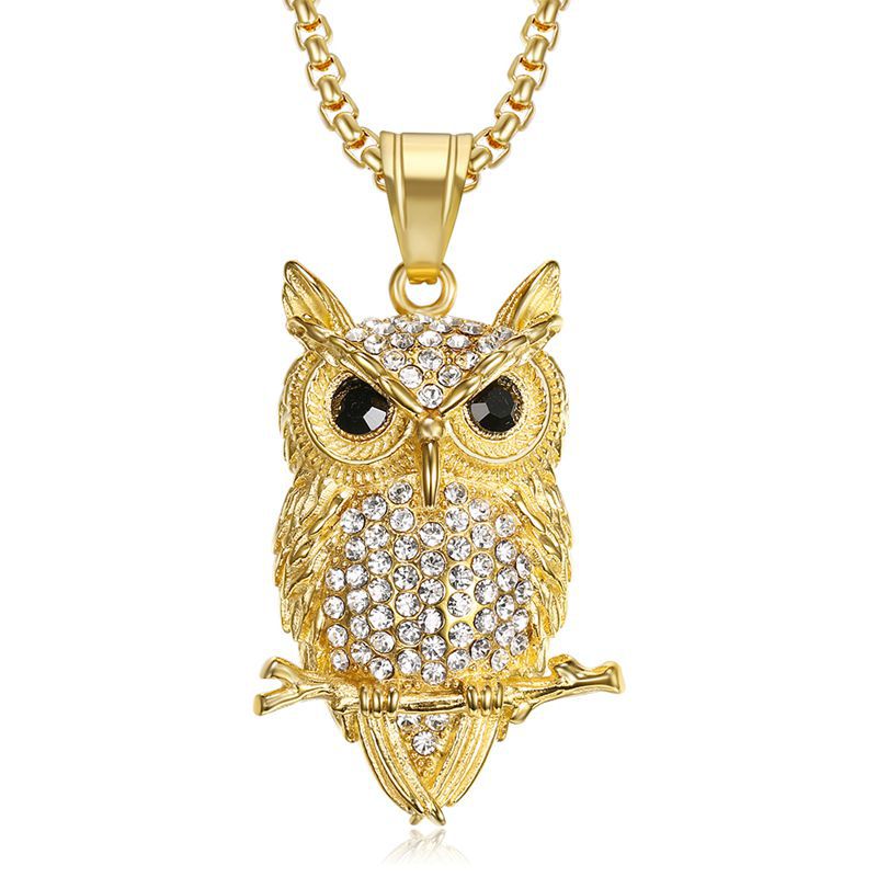 Owl Pendant Necklace Titanium Steel Gold Plated Zircon Long Lasting Shine Planderful For Hip Hop Jewelry Fans