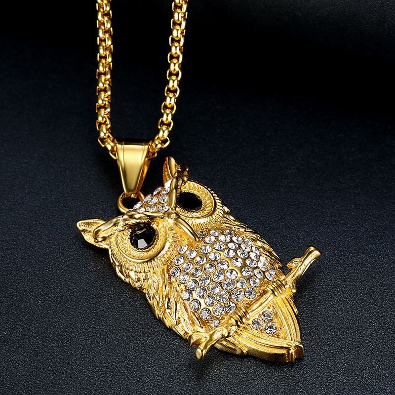 Owl Pendant Necklace Titanium Steel Gold Plated Zircon Long Lasting Shine Planderful For Hip Hop Jewelry Fans