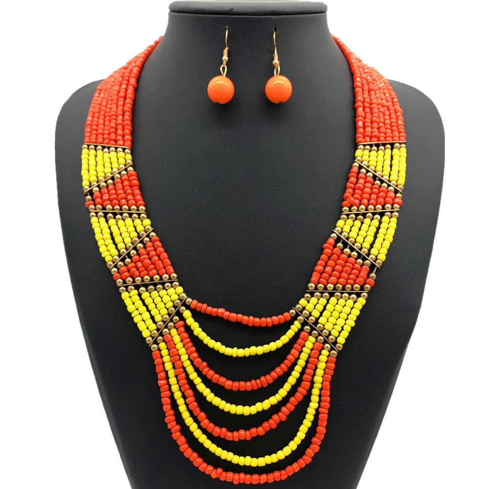 Bohemian Savanna Rhythms Handcrafted Rice Bead Necklace Set
