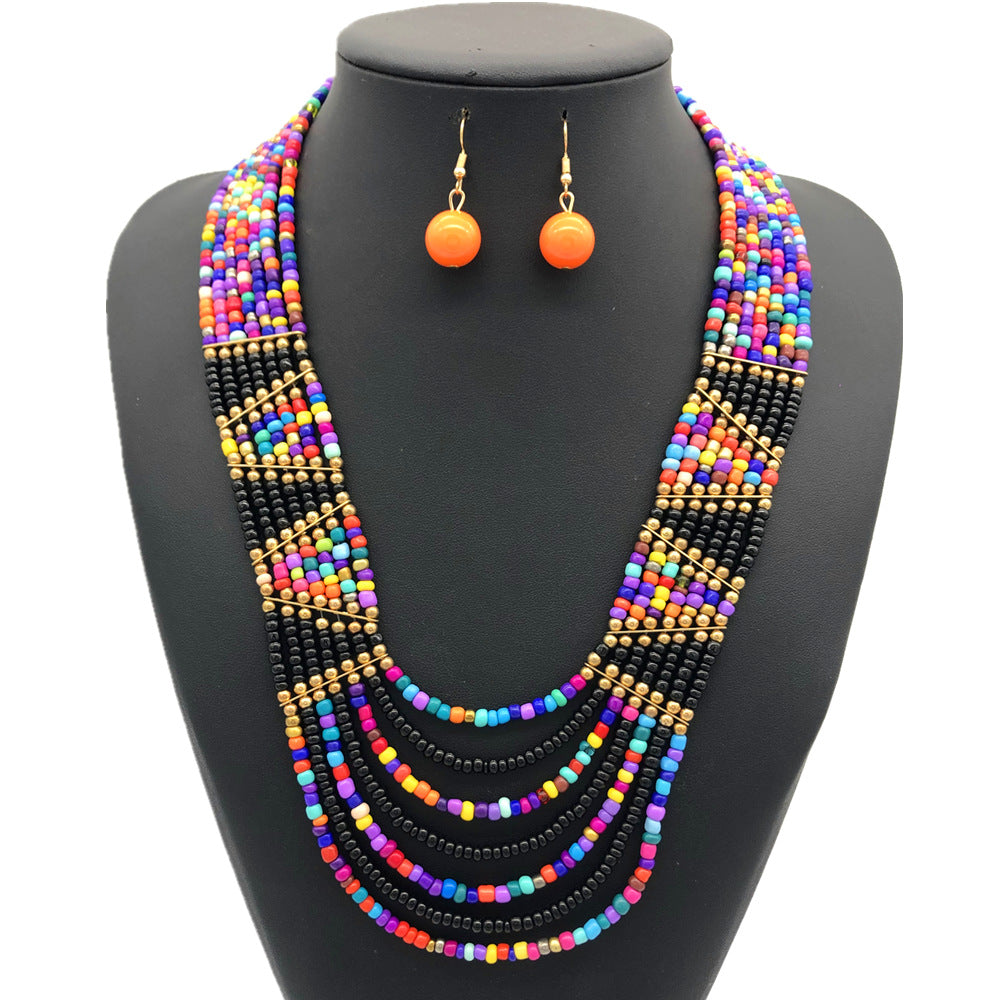 Bohemian Savanna Rhythms Handcrafted Rice Bead Necklace Set