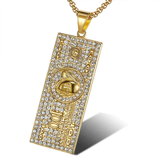 Stainless Steel Necklace – Dainty Luxury Hip Hop Dollar Pendant With Gold Plated Zircon