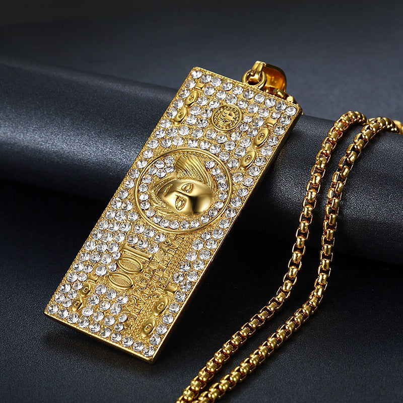 Stainless Steel Necklace – Dainty Luxury Hip Hop Dollar Pendant With Gold Plated Zircon