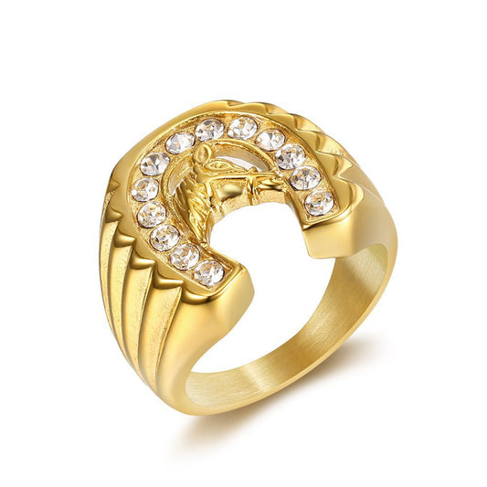 Planderful Everyday Genie Hip Hop Ring For Men Titanium Steel Gold Plated Zircon Horse Head Bold Trendy