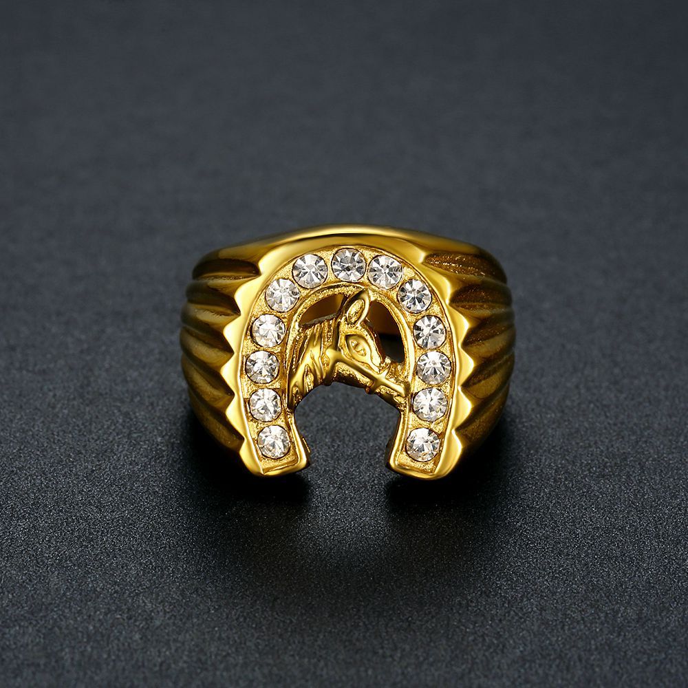 Planderful Everyday Genie Hip Hop Ring For Men Titanium Steel Gold Plated Zircon Horse Head Bold Trendy