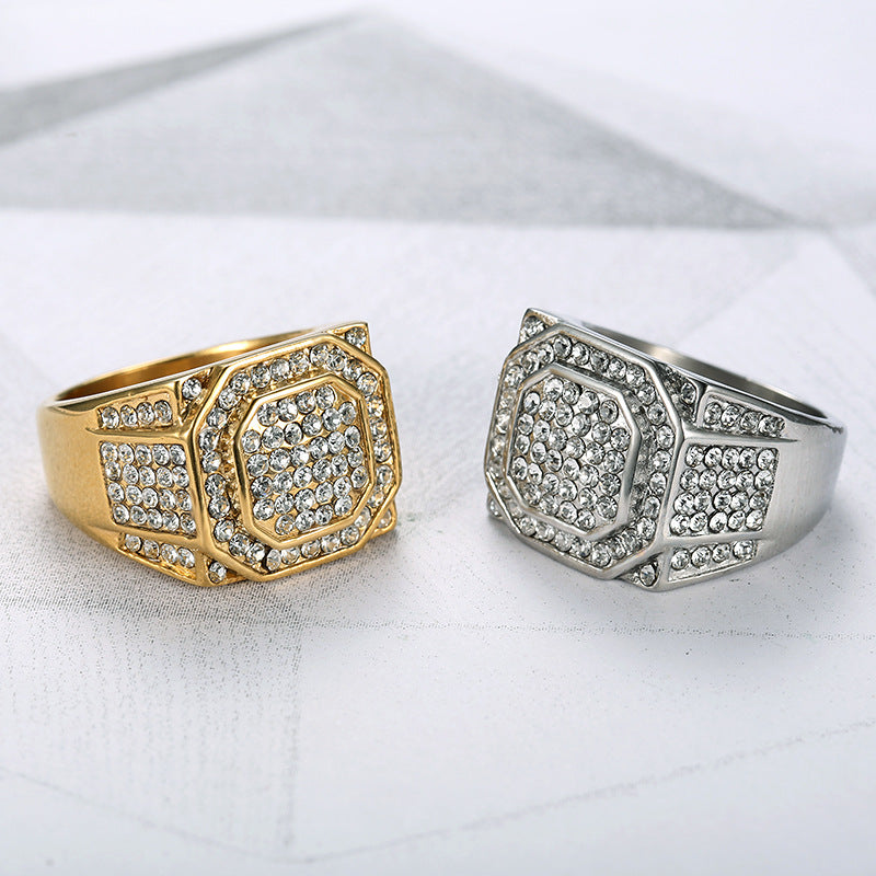 Planderful Everyday Genie Hip Hop Ring For Men Gold Plated Titanium Steel Zircon Jewelry