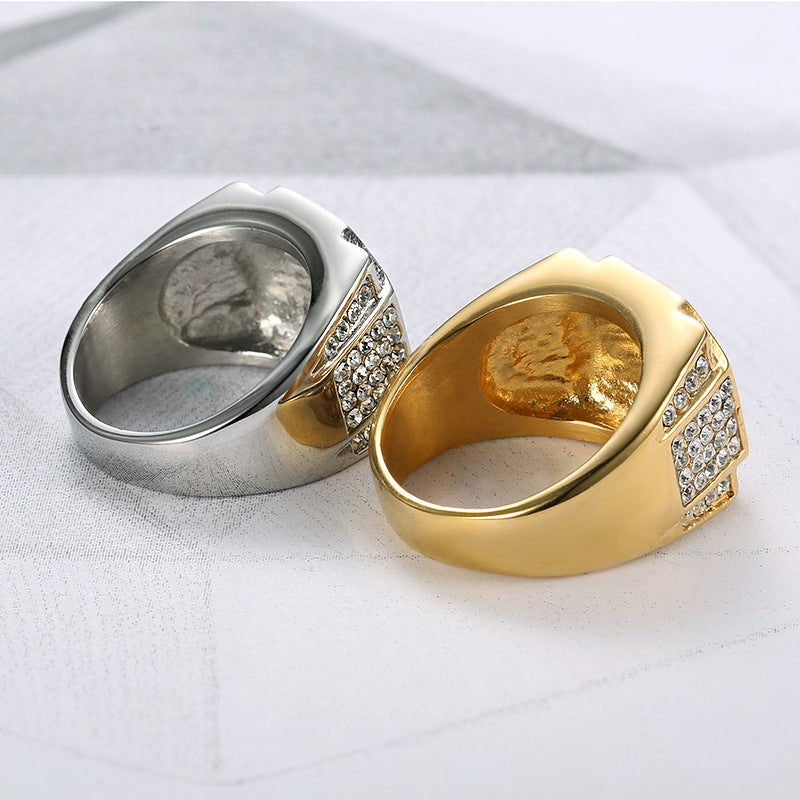Planderful Everyday Genie Hip Hop Ring For Men Gold Plated Titanium Steel Zircon Jewelry