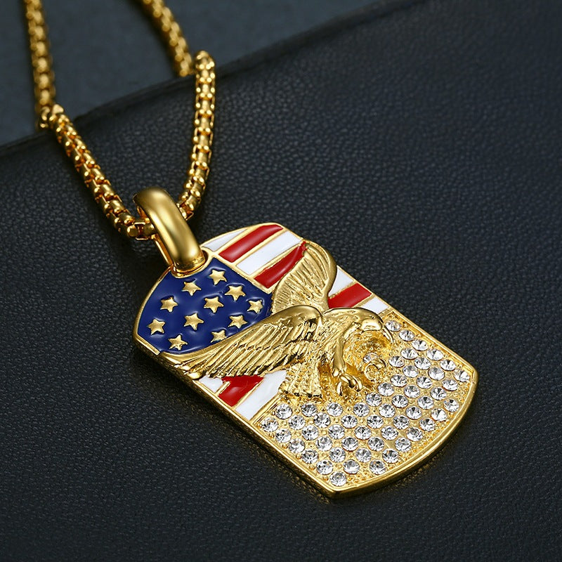 Planderful Hip Hop Necklace Titanium Steel Gold Plated Zircon Flag Eagle Pendant For Urban Streetwear Fans