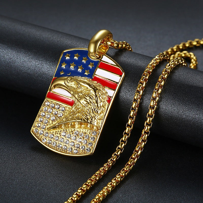 Planderful Hip Hop Pendant Necklace Titanium Steel Gold Plated Zircon Eagle Flag For Urban Fashion Lovers