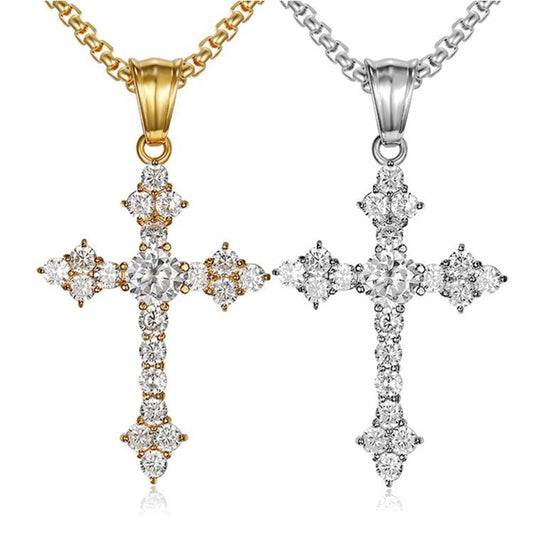 Planderful Everyday Genie Hip Hop Jewelry Titanium Steel Gold Plated Zircon Cross Pendant Necklace For Men And Women