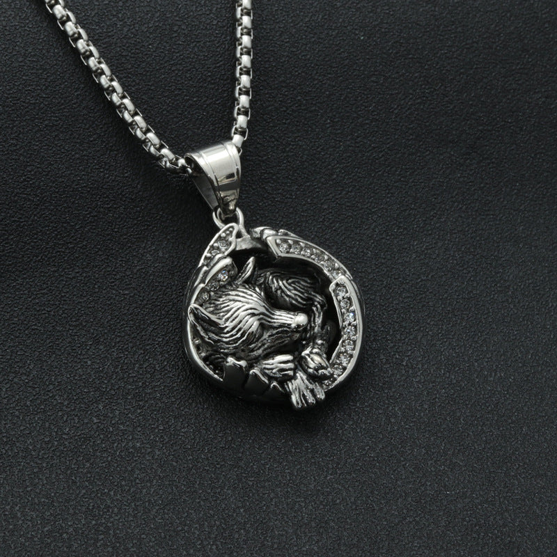Titanium Steel Wolf Pendant with Zircon Inlay - Men's Punk Hip-Hop Necklace