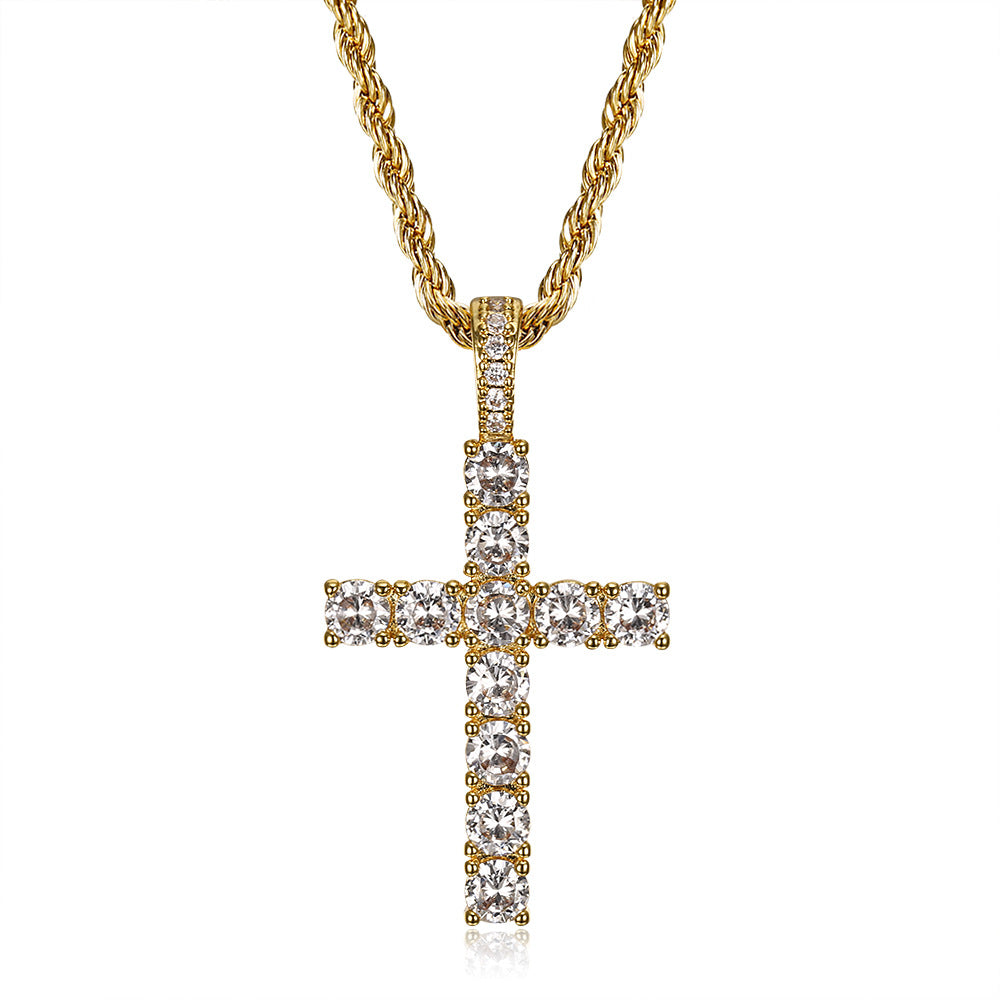 Zircon Necklace - Statement Hip-Hop Cross Gold Plated Steel Pendant Accessory For Everyday Glam