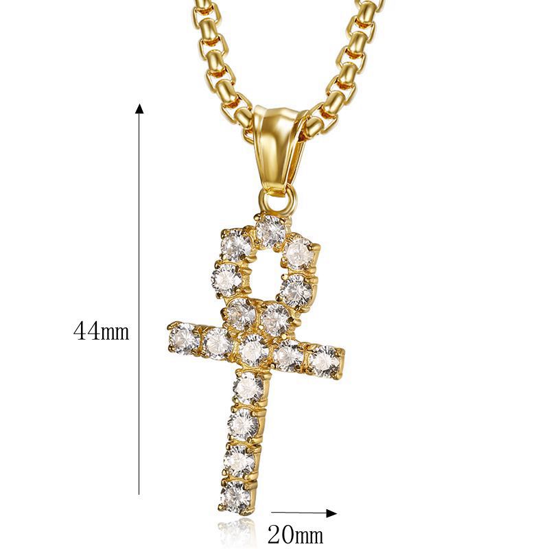 Planderful Unisex Everyday Genie Hip Hop Necklace Titanium Steel Gold Plated Zircon Anka Cross Pendant