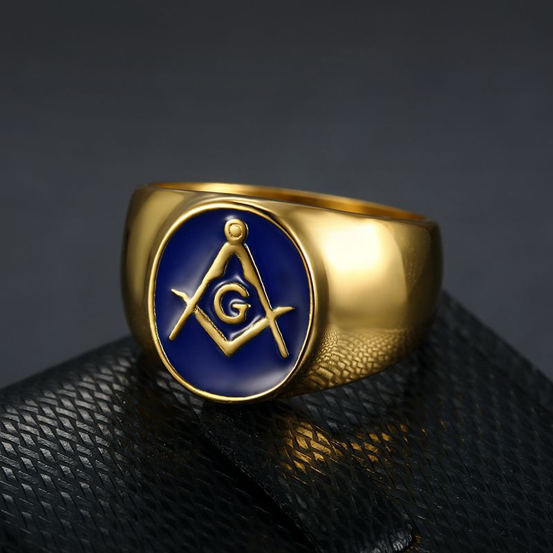 Planderful Premium Everyday Genie Hip Hop Ring For Men Titanium Steel Gold Plated Blue Inlay Freemason AG