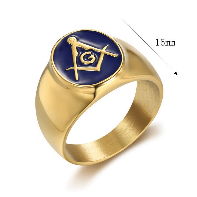 Planderful Premium Everyday Genie Hip Hop Ring For Men Titanium Steel Gold Plated Blue Inlay Freemason AG