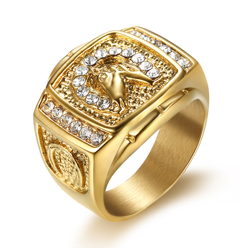 Planderful Everyday Genie Hip Hop Ring Titanium Steel Gold Plated Zircon Horse Head For Men