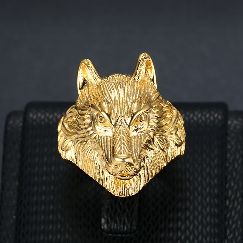 Planderful Everyday Genie Titanium Steel Gold Plated Wolf Head Ring For Men Hip Hop Jewelry Collection