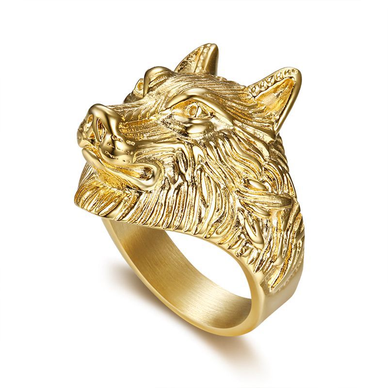 Planderful Everyday Genie Titanium Steel Gold Plated Wolf Head Ring For Men Hip Hop Jewelry Collection