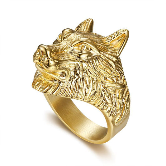 Planderful Everyday Genie Titanium Steel Gold Plated Wolf Head Ring For Men Hip Hop Jewelry Collection