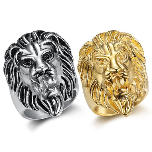 Planderful Hip Hop Ring Lion Head Gold Plated Titanium Steel Everyday Genie For Men Bold Jewelry