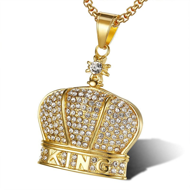 Planderful King Crown Hip Hop Necklace Titanium Steel Gold Plated Zircon Pendant For Hip Hop Fans