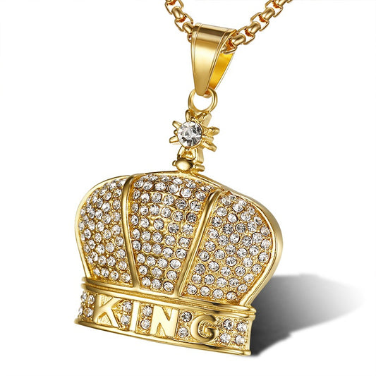 Planderful King Crown Hip Hop Necklace Titanium Steel Gold Plated Zircon Pendant For Hip Hop Fans