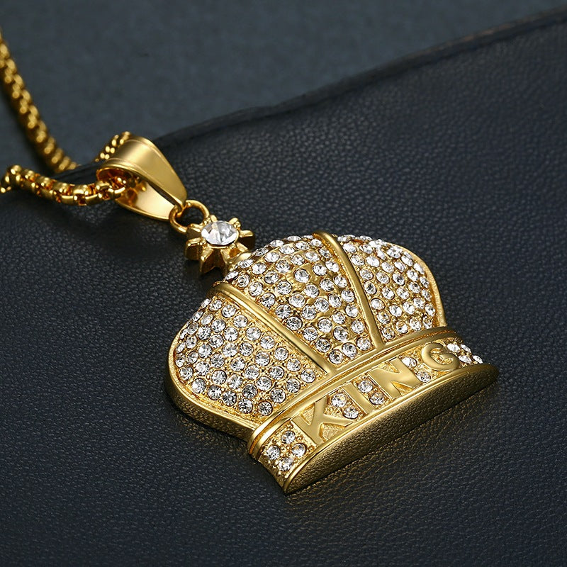 Planderful King Crown Hip Hop Necklace Titanium Steel Gold Plated Zircon Pendant For Hip Hop Fans