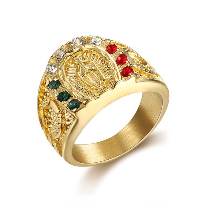 Planderful Collection Hip Hop Ring Mens Virgin Mary Titanium Steel Bold Gold Plated With Colored Zircon