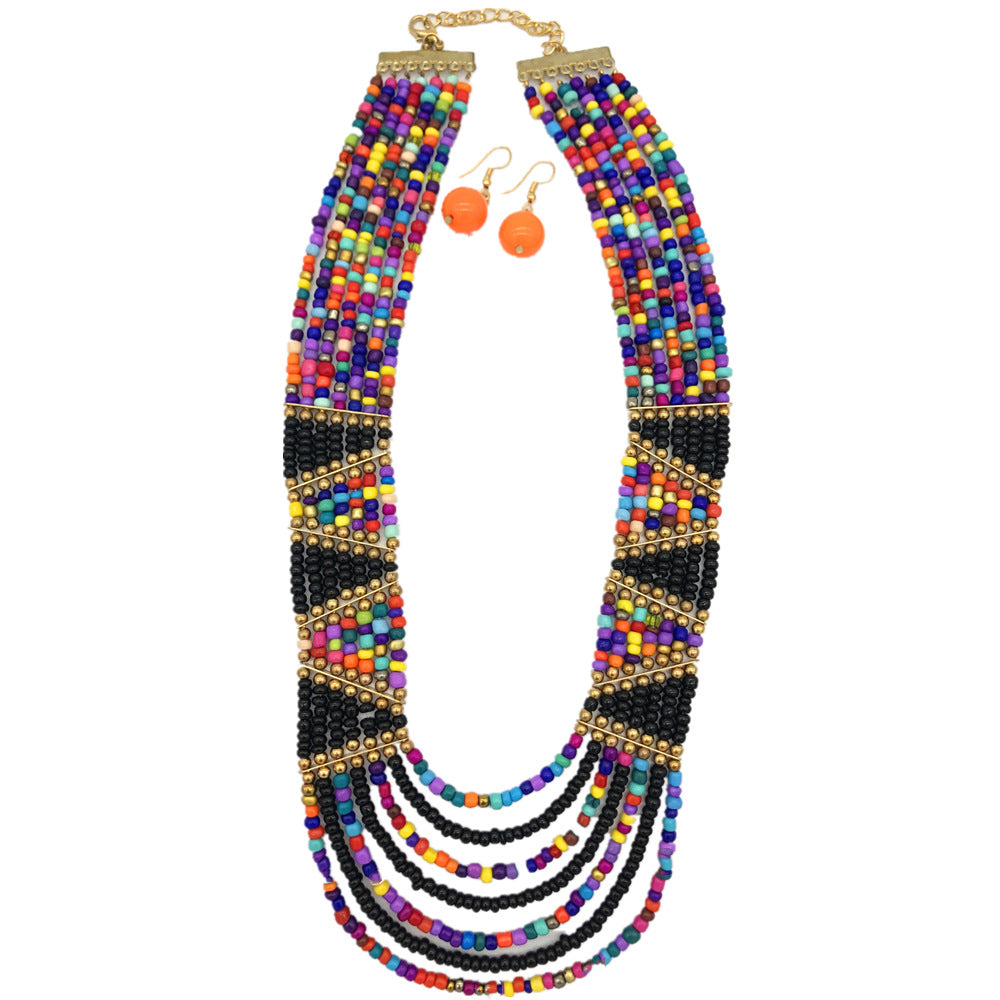 Bohemian Savanna Rhythms Handcrafted Rice Bead Necklace Set