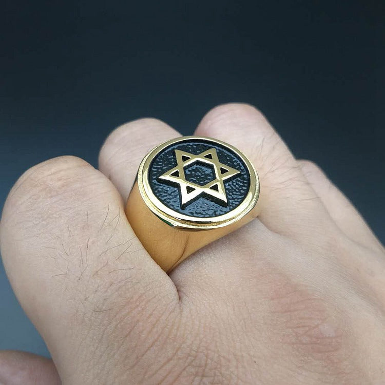 Planderful Everyday Genie Mens David Hexagram Ring Titanium Steel Gold Plated Band