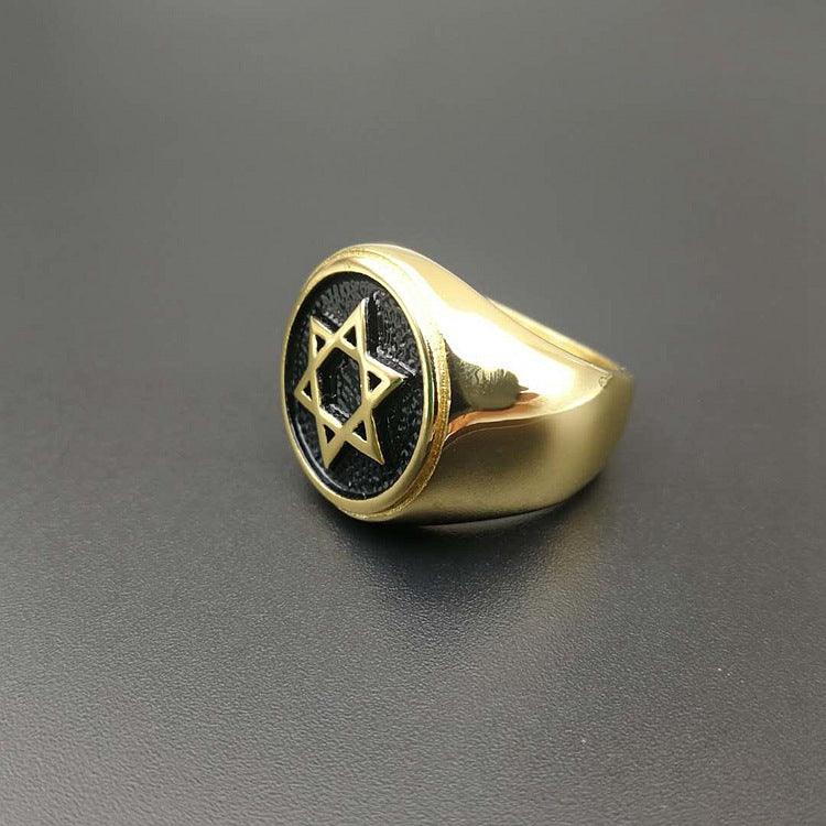 Planderful Everyday Genie Mens David Hexagram Ring Titanium Steel Gold Plated Band