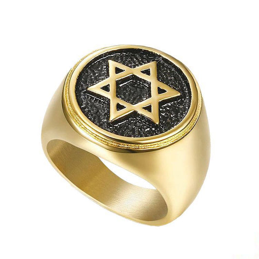 Planderful Everyday Genie Mens David Hexagram Ring Titanium Steel Gold Plated Band