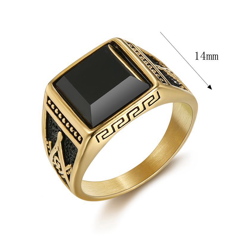 Planderful Freemason Ring for Men Premium Titanium Steel Gold Plated Black Agate Classic Retro Style