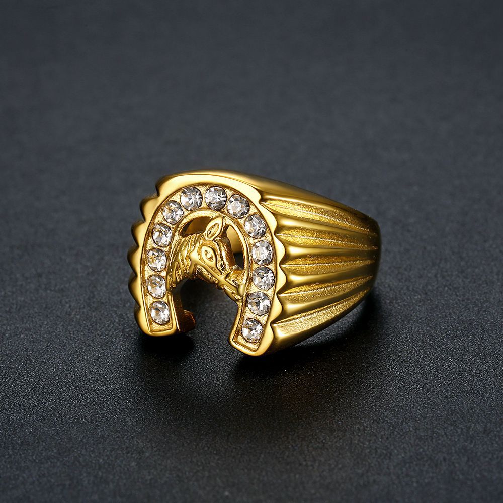 Planderful Everyday Genie Hip Hop Ring For Men Titanium Steel Gold Plated Zircon Horse Head Bold Trendy