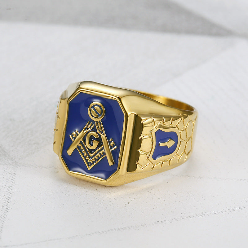 Planderful Hip Hop Ring For Men Durable Titanium Steel Gold Plated Blue Glue Freemason AG Everyday Genie