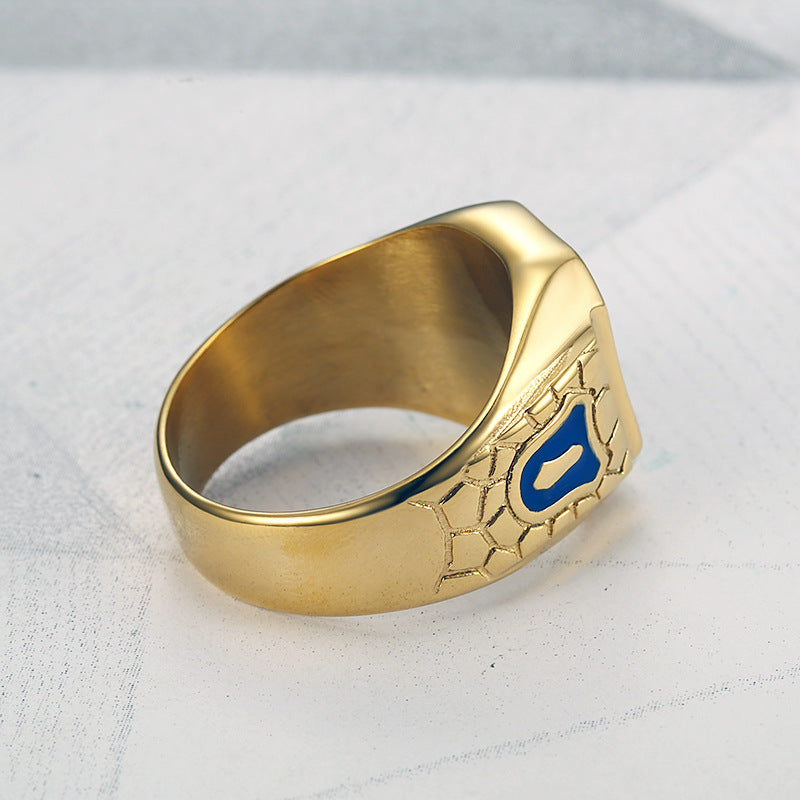 Planderful Hip Hop Ring For Men Durable Titanium Steel Gold Plated Blue Glue Freemason AG Everyday Genie