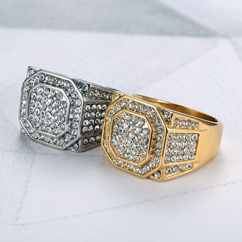 Planderful Everyday Genie Hip Hop Ring For Men Gold Plated Titanium Steel Zircon Jewelry