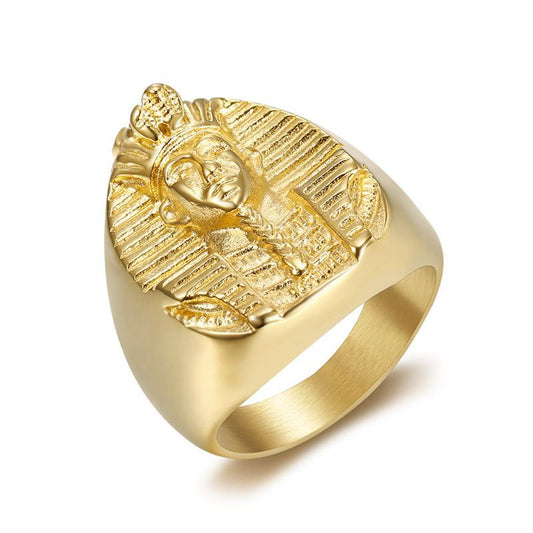 Planderful Iconic Hip Hop Ring For Men Titanium Steel Gold Plated Egyptian Pharaoh Design