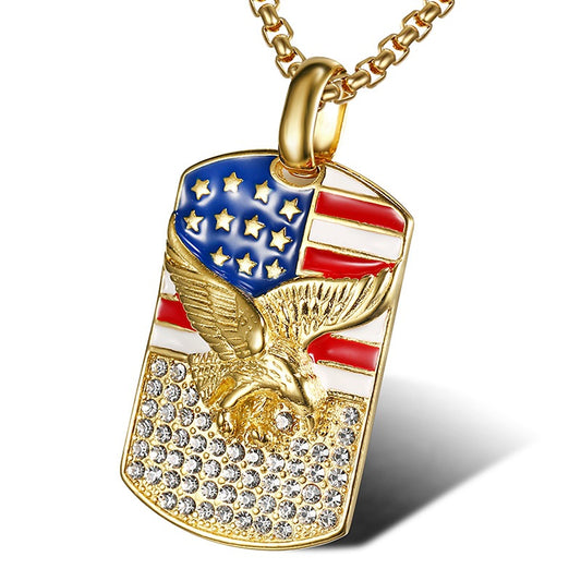 Planderful Hip Hop Necklace Titanium Steel Gold Plated Zircon Flag Eagle Pendant For Urban Streetwear Fans
