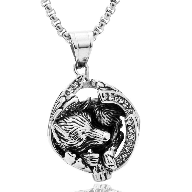 Titanium Steel Wolf Pendant with Zircon Inlay - Men's Punk Hip-Hop Necklace