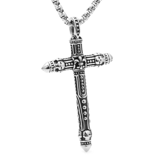 Titanium Steel Skull Cross Necklace for Men - Punk Style Engraved Pendant
