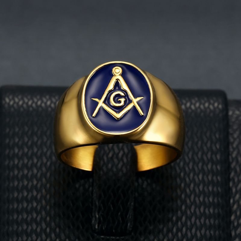 Planderful Premium Everyday Genie Hip Hop Ring For Men Titanium Steel Gold Plated Blue Inlay Freemason AG
