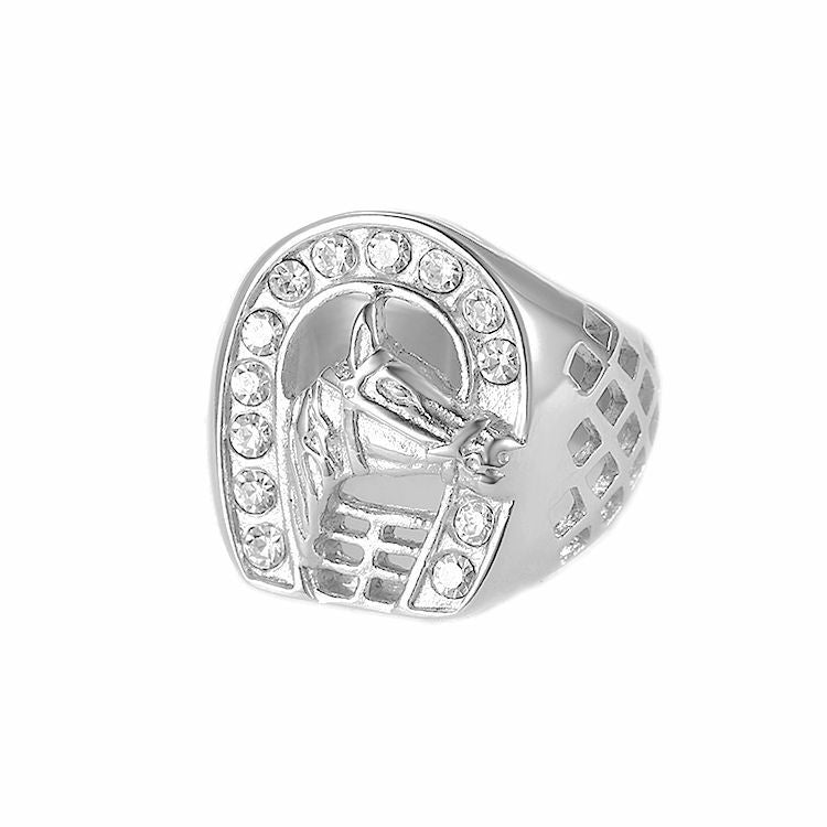 Mens Ring Planderful Titanium Steel Gold Plated Zircon Horse Head Hip Hop Urban Style
