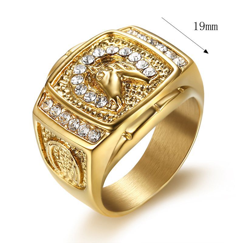 Planderful Everyday Genie Hip Hop Ring Titanium Steel Gold Plated Zircon Horse Head For Men