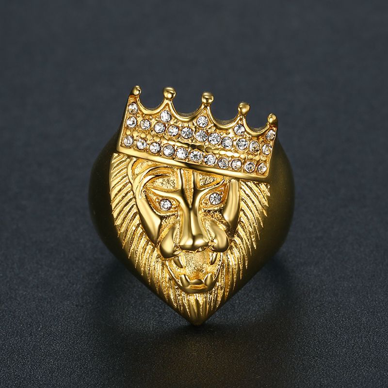 Planderful Everyday Genie Hip Hop Titanium Steel Gold Plated Zircon Crown Lion Head Ring For Men