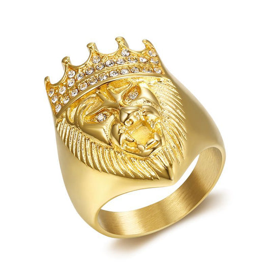 Planderful Everyday Genie Hip Hop Titanium Steel Gold Plated Zircon Crown Lion Head Ring For Men