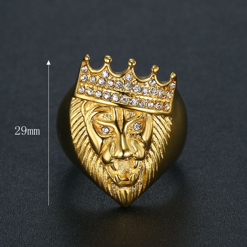 Planderful Everyday Genie Hip Hop Titanium Steel Gold Plated Zircon Crown Lion Head Ring For Men