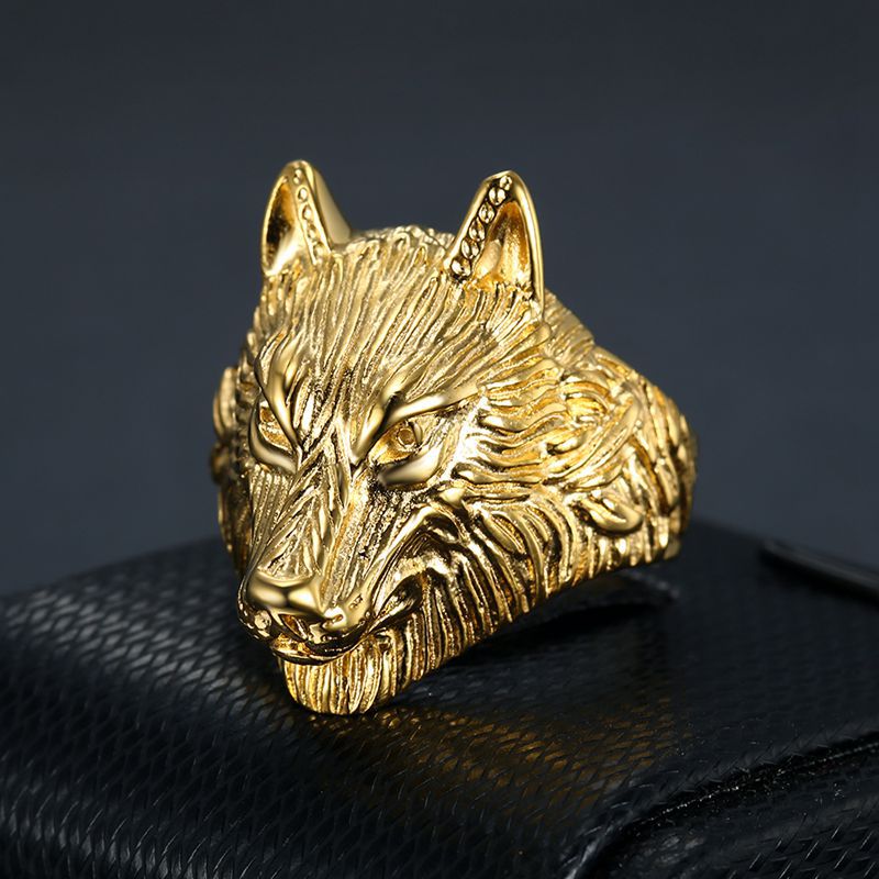 Planderful Everyday Genie Titanium Steel Gold Plated Wolf Head Ring For Men Hip Hop Jewelry Collection