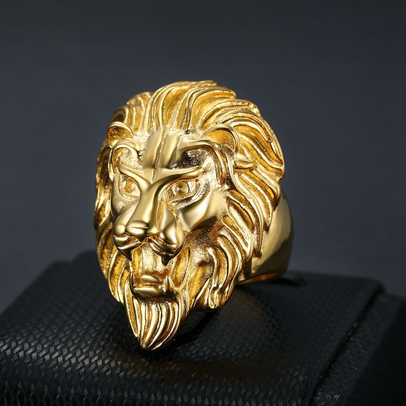 Planderful Hip Hop Ring Lion Head Gold Plated Titanium Steel Everyday Genie For Men Bold Jewelry