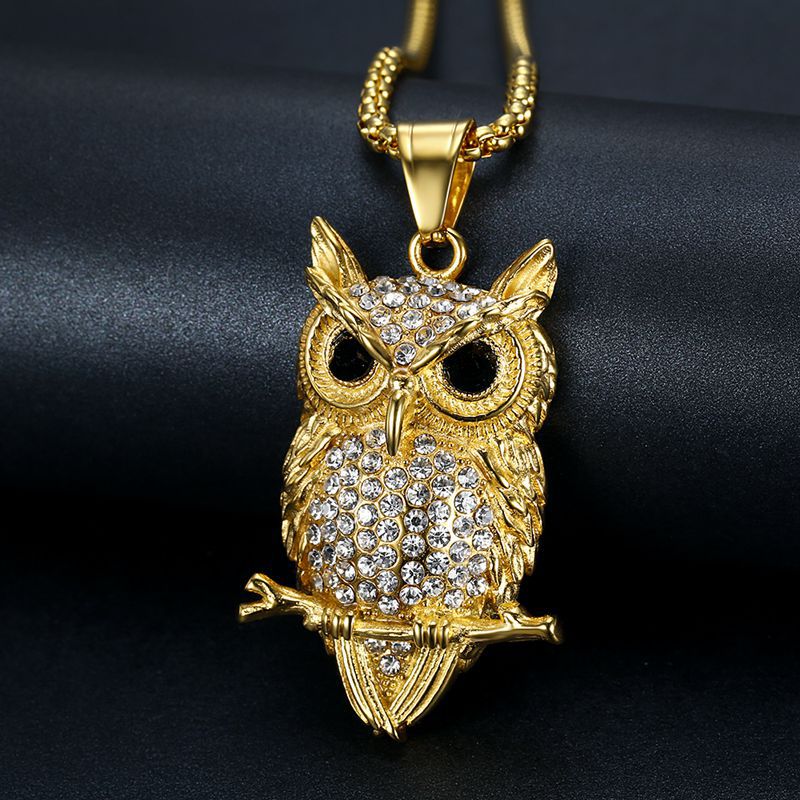 Owl Pendant Necklace Titanium Steel Gold Plated Zircon Long Lasting Shine Planderful For Hip Hop Jewelry Fans