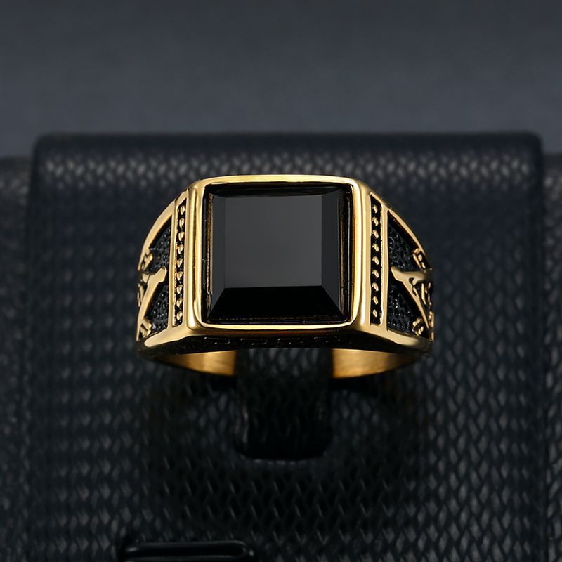 Planderful Freemason Ring for Men Premium Titanium Steel Gold Plated Black Agate Classic Retro Style